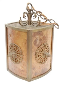Vintage Spanish Revival Hanging Pendant Lamp Metal Amber Shade Gothic MCM - Picture 1 of 8