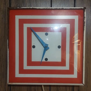 Vintage Pam Electric Uhr 60er Abstrakt Pop Art Rot & Weiß 12x12 Funktioniert - Bild 1 von 10