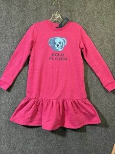 Girls Polo Ralph Lauren "Polo Player" Pink Blue Bear Sweatshirt Dress sz 16 NWT - Picture 1 of 11