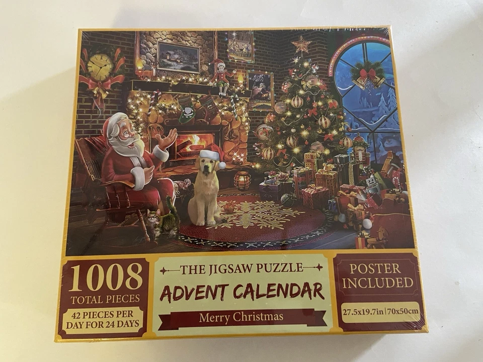 Advent Calendar Jigsaw Puzzle Christmas Poster Santa Golden Retriever Dog SEALED - Image 1 of 1
