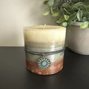 Pier 1 FIRST RAIN 4" x 4 in Pillar CANDLE Single Wick Layered Metal Charm Wrap - Picture 1 of 4