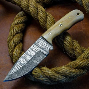 ALONZO HANDMADE DAMASCUS STEEL FIX BLADE BUSHCRAFT KNIFE WITH CAMEL BONE 4488 - Picture 1 of 7
