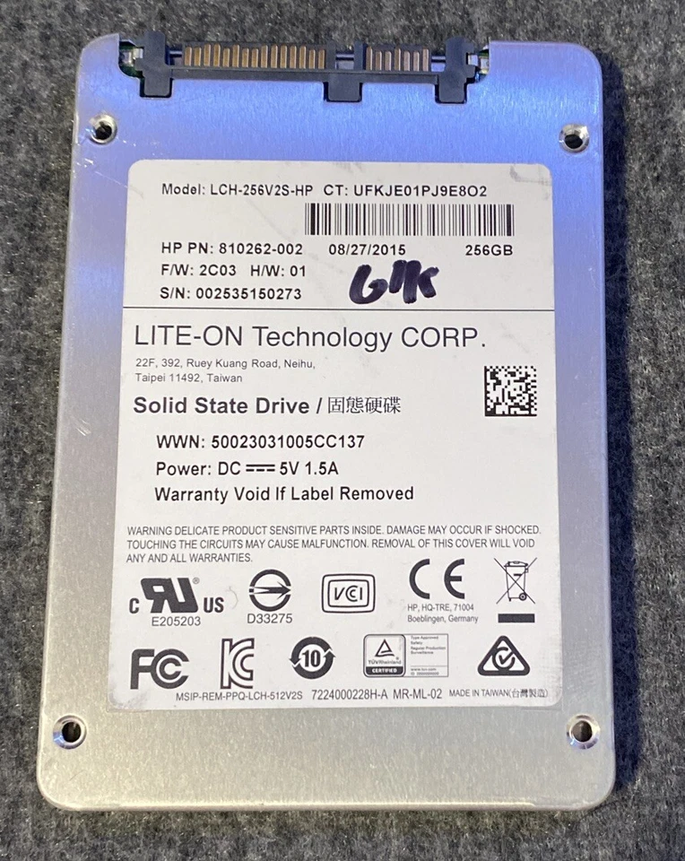 Lite-On P/N: LCH-256V2S-HP, 256GB 2.5", SATA Solid State Drive, HP #:810262-002 - Image 1 of 1