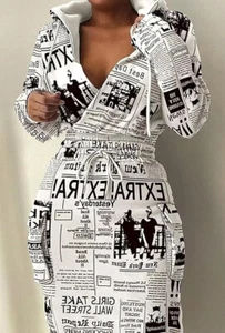 Women's Newspaper Print Hoodie Dress - Slim Fit Long Sleeve Bodycon UK CutyQ - Picture 1 of 5