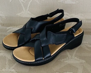 CLARKS Merliah Echo Women's Size 8.5 N Wedge Sandals Leather Black NARROW - Picture 1 of 11