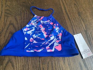 NWT Zella Girl's Swim Top Performer Perform Sports Bra Blue Graphic Nylon Sz 14 - Picture 1 of 3