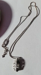 Brighton LONDON GROOVE Silver Scrolled Rectangle Badge Holder Long Necklace, EUC - Picture 1 of 7