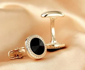 LUXURIOUS BLACK RHINESTONE CUFFLINKS CRYSTAL IN CUFFLINK POUCH UK Gold Plated - Picture 1 of 6