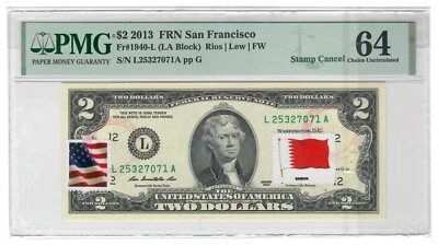 FRN San Francisco_2013_2 Dollars_L25327071A pp G_PMG 64 Choice UNC__Stamp Cancel - Image 1 of 3