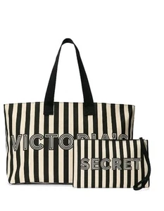 Victoria's Secret NWT Logo Canvas Tote Bag & Wristlet Black White Stripe $49.95 - Picture 1 of 5