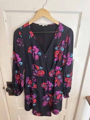 Vestido feminino Annie Griffin preto floral de seda envoltório falso mangas compridas tamanho 10 - Imagem 1 de 4