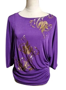 CSC Studio Blouse SZ Large Purple Gold Graphics Balloon Sleeve Elastic Waist - Picture 1 of 12