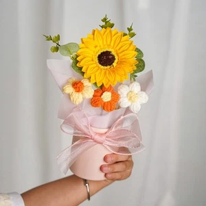 Knitted Flower Bouquet Crochet Sunflower Flowers Hugging Bucket Teacher's Day - Picture 1 of 2