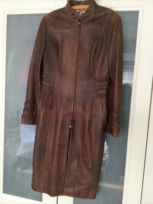 Vintage Leather Long brown ladies coat, 12, strapped waist , cuffs, zipped front - Image 1 of 4