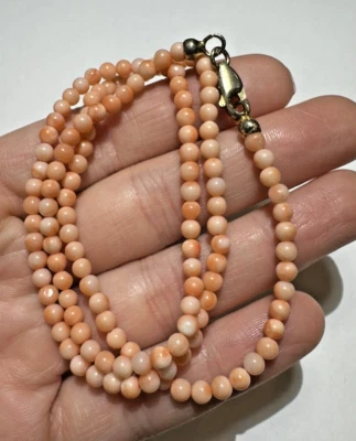 Vintage Naturale 3T Rosa Angelo Pelle Corallo Perlina 4mm Argento Collana 4h 5 - Immagine 1 di 4