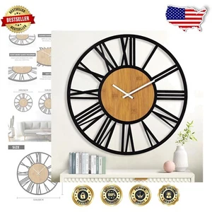 32-Inch Black Metal Wall Clock - Silent Quartz Movement with Roman Numerals - Picture 1 of 10