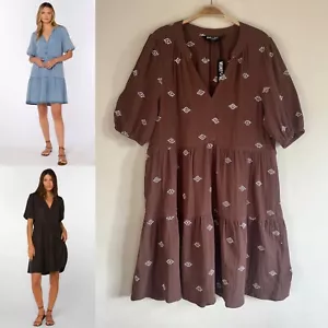 VELVET HEART Trendy Babydoll Boho Dress S M? 100% Cotton Crepe Embroidered Brown - Picture 1 of 7