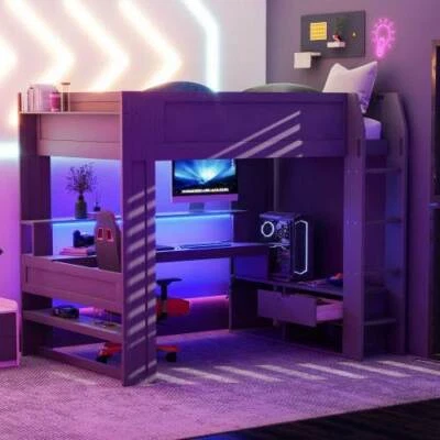 Gaming Loft Bed with Desk and Storage Shelves Twin Full Size Kids Loft Bunk Beds - Image 1 of 4