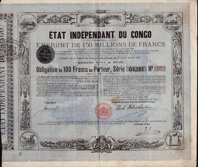 Estado Independiente del Congo 1888 Bono Estado/Gobierno 100 francos is Bélgica Foto 1 de 2