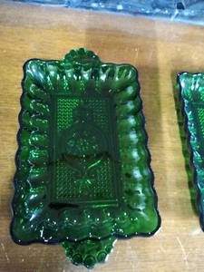 Lot Of 2 Vintage ANCHOR HOCKING Forest Green Glass Tray Relish / Snack Dish 8"L - Picture 1 of 2