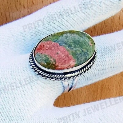 Green Unakite Gemstone Ring, 925 Sterling Silver Polished Ring, Handmade Ring - Image 1 of 4