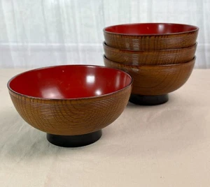 Set of 4 Asian FAUX WOOD GRAIN Design Miso Soup Bowls - Red Interior - Picture 1 of 10
