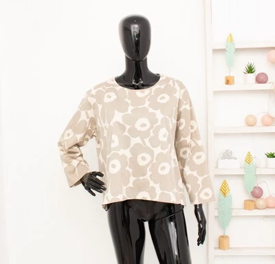 Blusa Jersey MARIMEKKO Beige Gris Floral Manga Larga Camiseta Grande Top L Foto 1 de 4