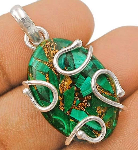 Natural Copper Malachite 925 Solid Sterling Silver Pendant Jewelry - Image 1 of 1