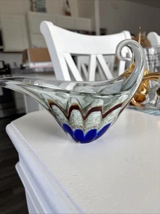 MURANO ART GLASS MULTICOLOR ZIGZAG SWIRL SCULPTURAL SCROLL BOWL - Picture 1 of 8