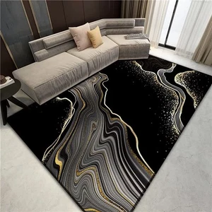Black Abstract Marble Rug for Living Room Contemporay Gold Swirl Texture Area... - Picture 1 of 7