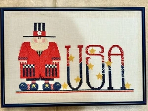 Patriotisch 4. Juli Uncle Sam fertig USA Kreuzstich gerahmt 14" Dekor Vintage - Bild 1 von 10