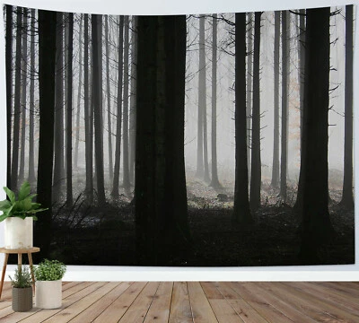Fall Foggy Forest Tapestry Trees Fallen leaves Wall Hanging Living Room Bedroom - Image 1 of 4