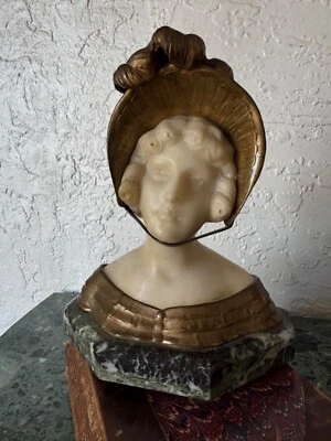 Antique Alabaster and Bronze Bust of Woman on Green Marble Pedestal - Image 1 of 4