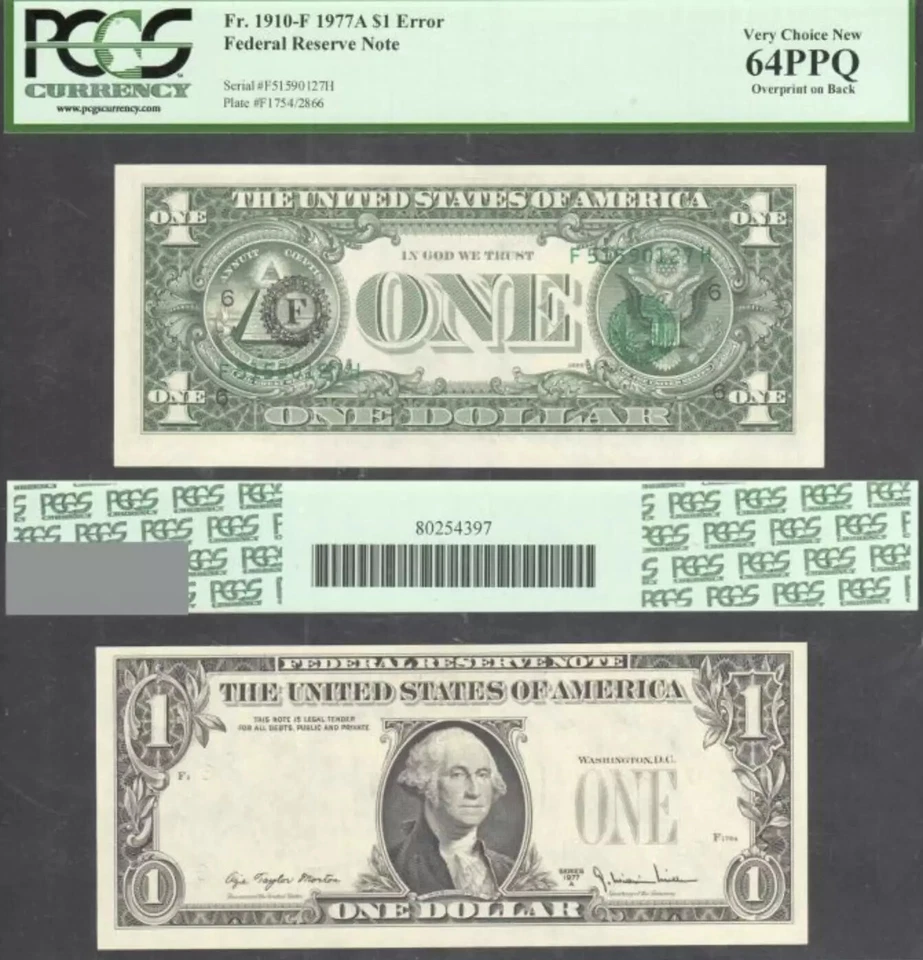 $1 1977-A FRN Overprint on Back Error Serials + Seals Wrong Side PCGS 64 PPQ - Image 1 of 1