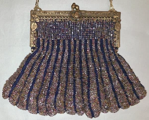 Antique evening bag, navy blue w iridescent beads, gold tone metal frame w roses - Picture 1 of 21