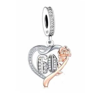 60 Years 60th Birthday Anniversary Rose Heart Dangle Charm Sterling Silver 925 - Picture 1 of 1