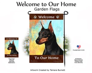 Welcome Garden Flag - Cropped Black and Tan Miniature Pinscher Min Pin 089 - Picture 1 of 1