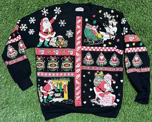 VTG Nutcracker Christmas Santa Claus AOP Glitter Crew Neck Sweatshirt SZ S Black - Picture 1 of 10