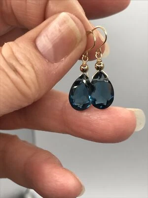 14K Gold London Blue Topaz Earrings Briolette Dangle SIMULATED - Image 1 of 4