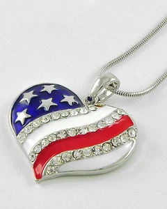NEW CRYSTAL HEART AMERICAN FLAG PENDANT NECKLACE PATRIOTIC 4TH OF JULY - Picture 1 of 1