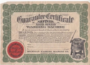 C1900 Michigan Washing Machine Company Guarantee Certificate ~ Morley Brothers - Picture 1 of 2
