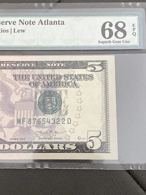 Error Over Ink Super Ladder 87654322 - 2013 $5 FRN Atlanta PMG 68EPQ，Top Rare！！！ - Image 1 of 4