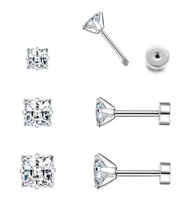 3 Pairs Flat Back Stud Earrings Set, Hypoallergenic Surgical Steel Earrings C... - Picture 1 of 7