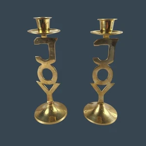 Pair Of Handmade Solid Brass "JOY" Taper Candle Holders 8.5" India - Picture 1 of 8