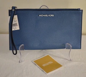 Michael Kors Jet Set Large Zip Clutch Wristlet Pebbled Leather Blue Silver - Picture 1 of 12