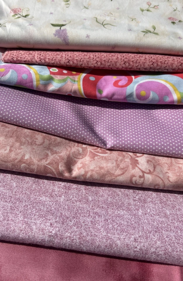 Mixed Lot Fabric Scraps  7pc Quilting Crafts Sewing Pinks Mauve Floral Swirl 2lb - Image 1 of 4