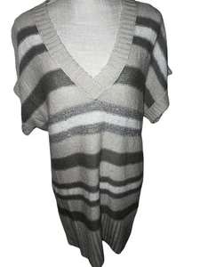 Suéter túnica tejido a rayas manga corta con cuello en V beige gris M&S talla M - Imagen 1 de 5