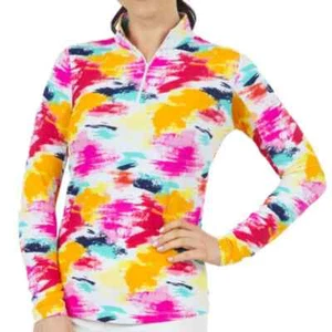 NWT Ladies IBKUL MATILDA HOT PINK MULTI Long Sleeve Mock Golf Shirt S M L XL XXL - Picture 1 of 1