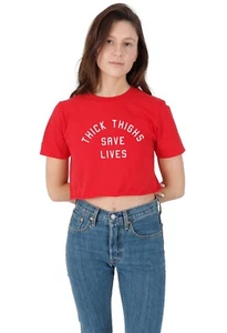 Thick Thighs Save Lives Crop Top Tee Funny Slogan Gym Weightlifting Fitness - Picture 1 of 6