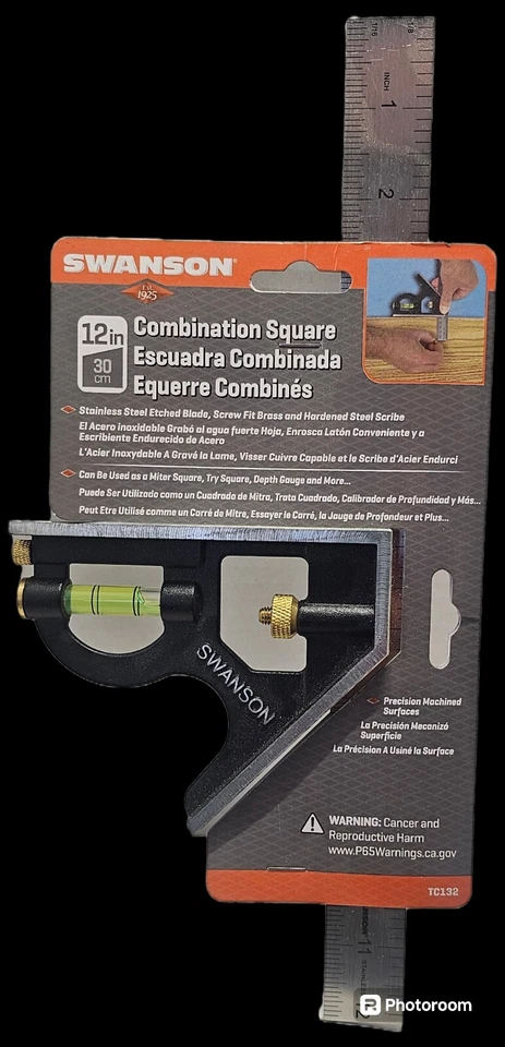 12 Inch Combination Square Swanson Stainless Blade Level Scribe Brass Screw New - Image 1 of 2